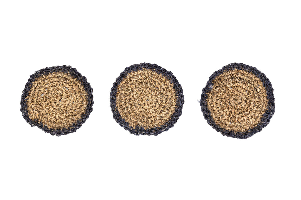 Raw Hemp Handmade Coasters: Sustainable Artisanal Drinkware Protectors Set of 3 coasters for Coffee Tables. Drink Coasters Set for Glass