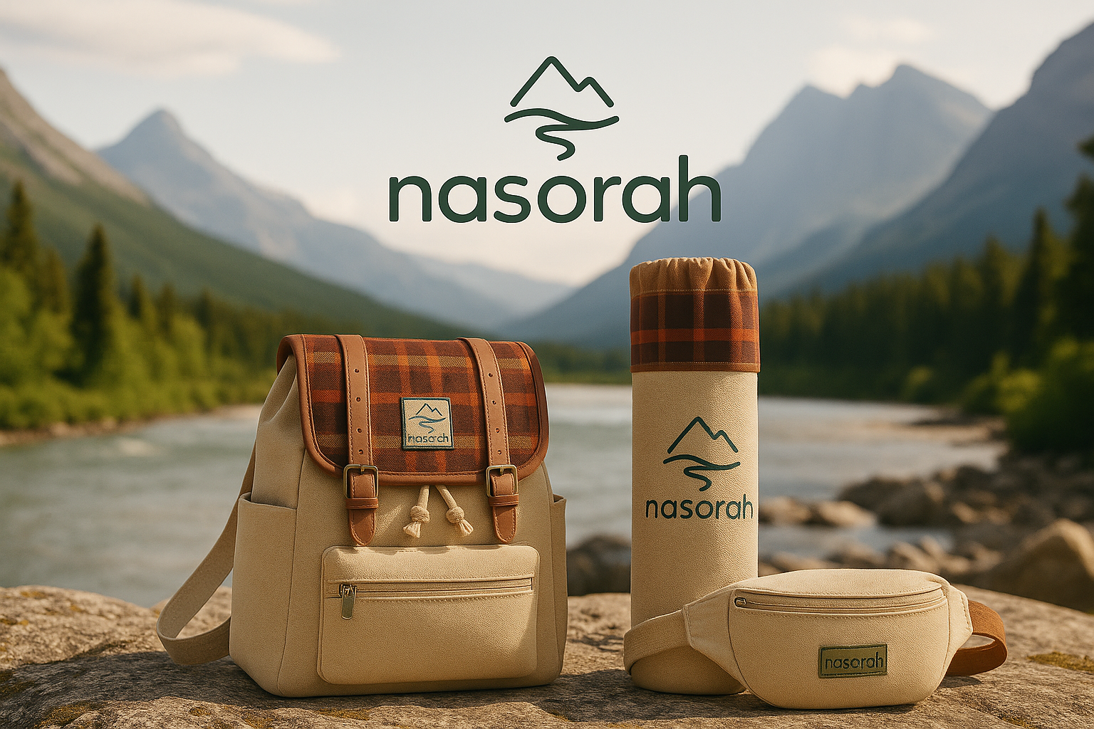 Outdoor setting with nasorah backpack, bottle, and pouch by a mountain lake.